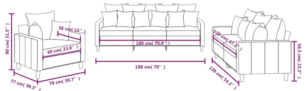3 pcs conjunto de sofás com almofadões veludo cinzento-claro