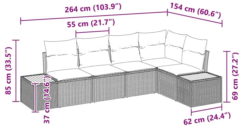Conjunto de Sofá de Jardim 5 Peças com Almofadas Cinza Rattan Poli Acá