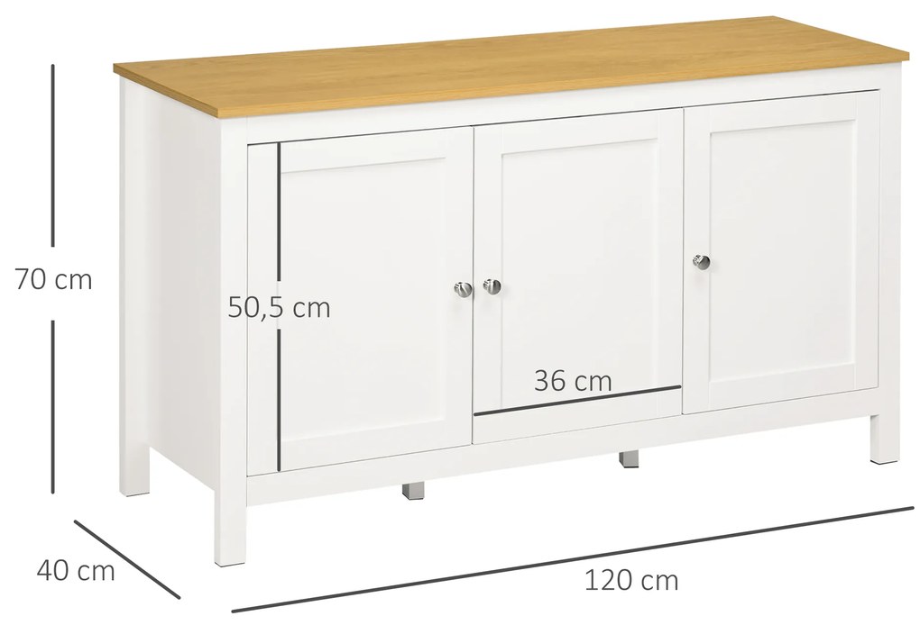 Aparador Sala de Estar com 3 Portas e Prateleiras Ajustáveis Estilo Moderno 120x40x70 cm Branco e Madeira