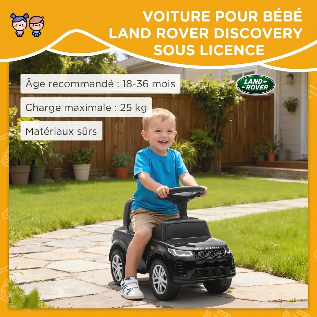 Andarilho para crianças com licença da Land Rover, veículo para empurrar, buzina, sons de motor, espaço de arrumação debaixo do assento, preto