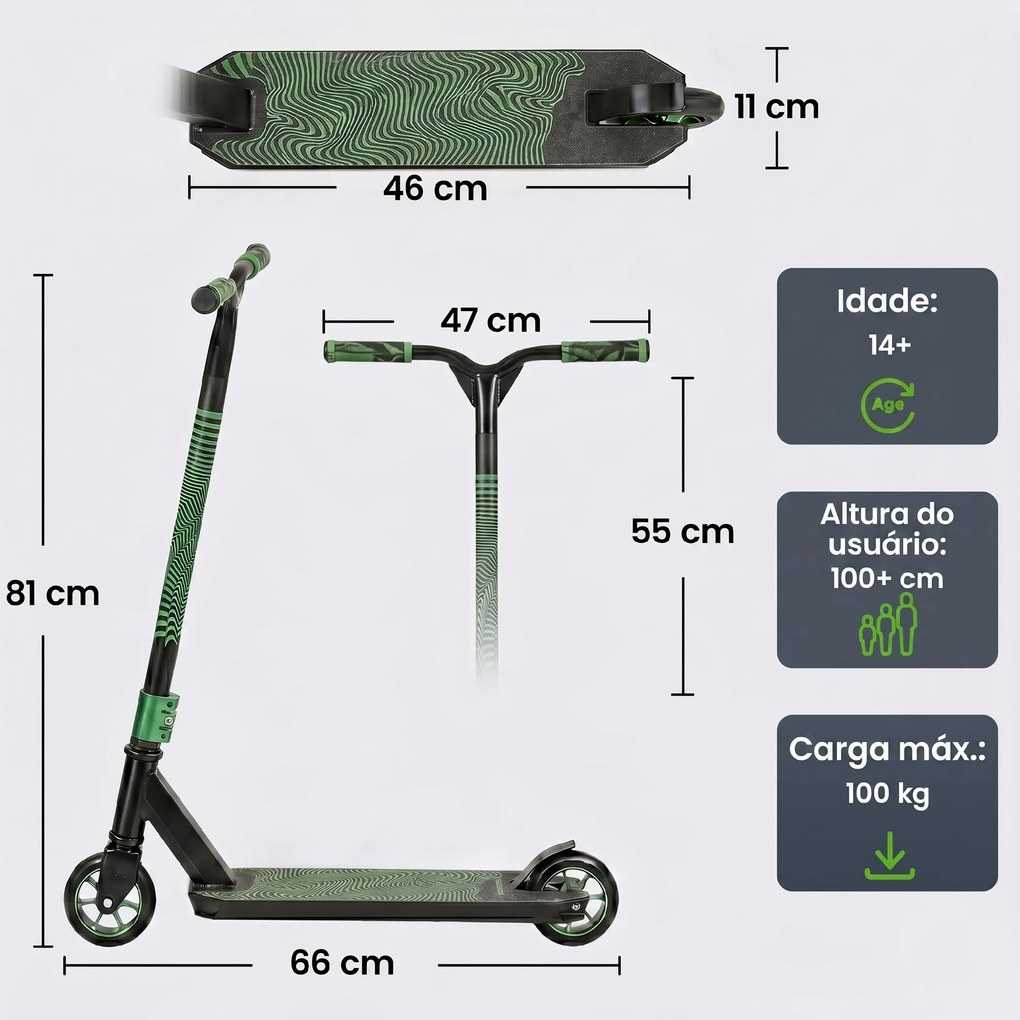 Trotinete Acrobática com Guiador 360° Rolamentos ABEC-9 Rodas de PU de 120 mm Estrutura de Alumínio 66x47x81 cm Verde