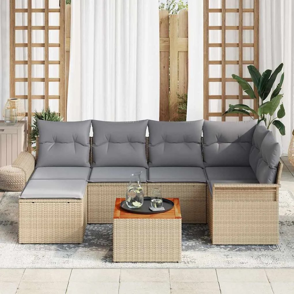 Conjunto de Sofá de Jardim de 7 Peças com Almofadas Bege em Rattan Sin