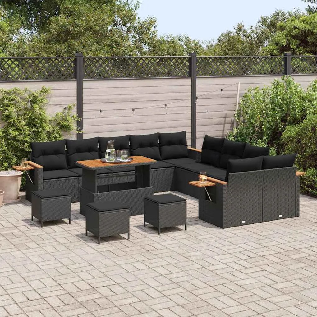 Conjunto de Sofá de Jardim de 14 Peças com Almofadas Preto Polirattan
