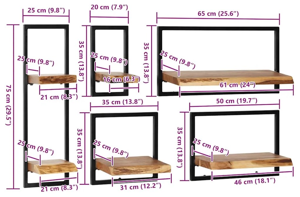 Conjunto prateleiras de parede 5 pcs madeira acácia maciça/aço