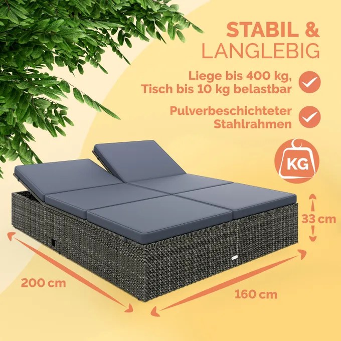 Espreguiçadeira dupla jardim Polyrattan 200x160x33cm Cinza/Antracite
