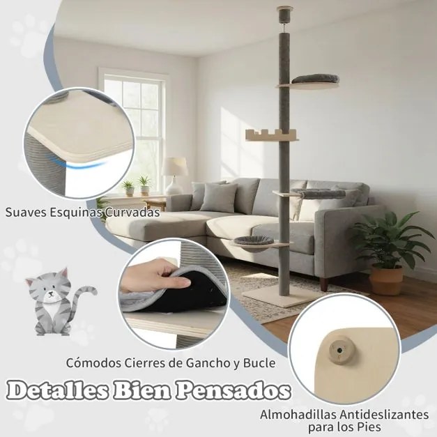 Árvore para gatos de 5 níveis, do chão ao teto, torre ajustável em madeira de 236-271 cm com cama em forma de cesta e postes para arranhar cinza