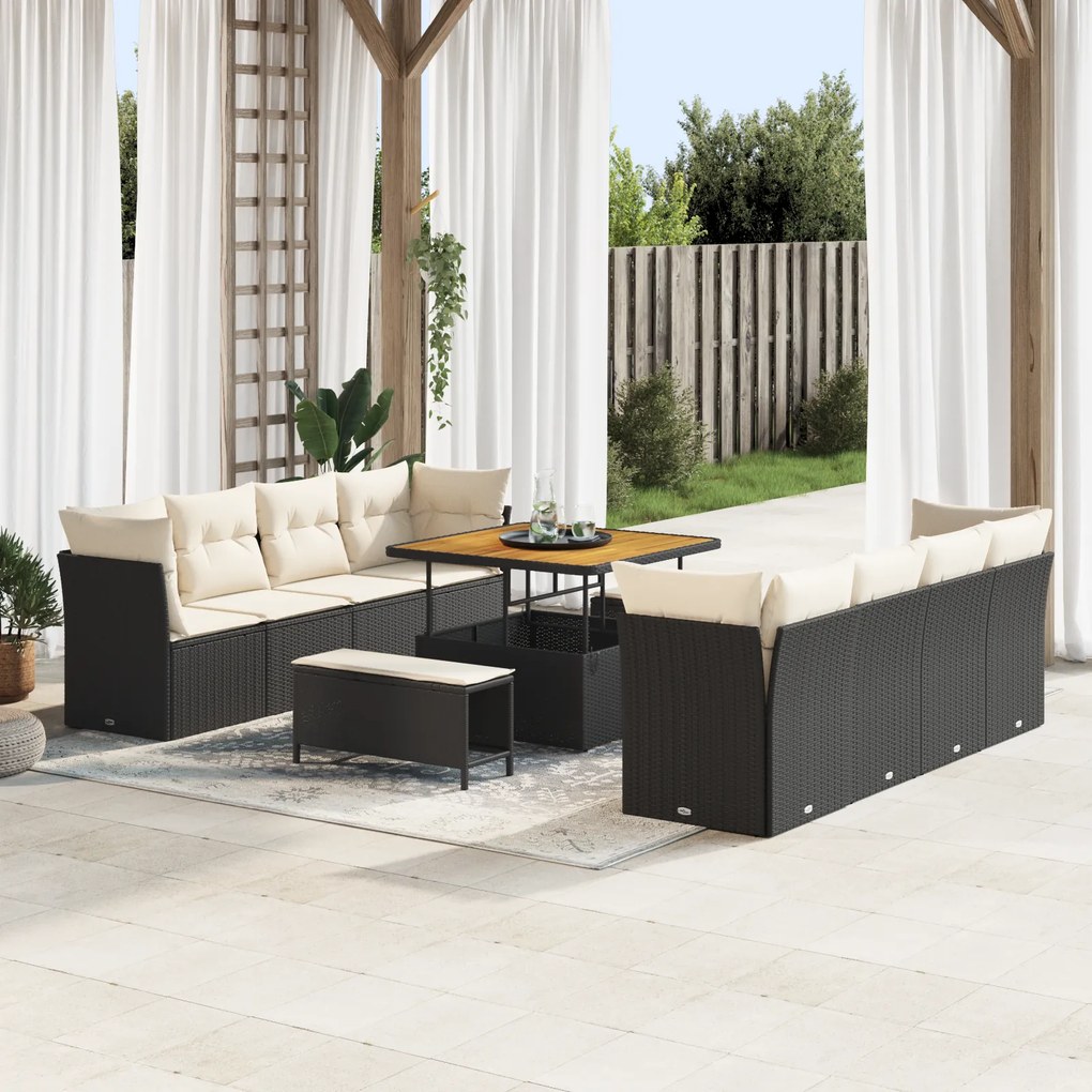 Conjunto de Sofá de Jardim vidaXL com 11 Peças e Almofadas Preto Rattan Poliéster Acácia