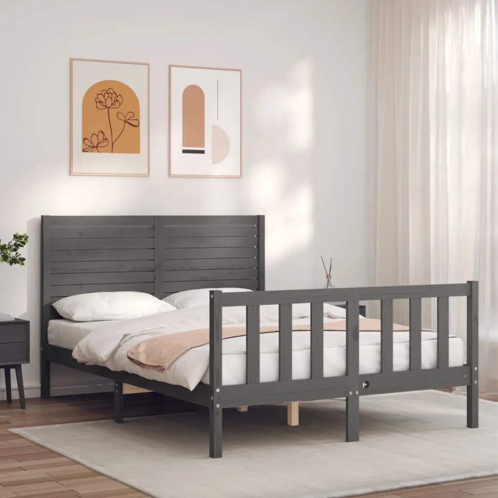 Estrutura de cama com cabeceira 140x190 cm madeira maciça cinza