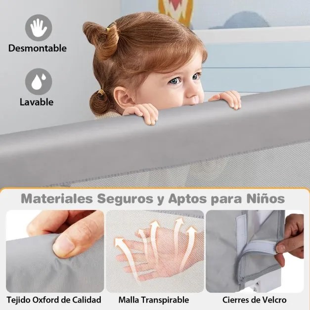 Grade dobrável para berço de bebé Guarda-camas para crianças com capa amovível em tecido Oxford Grade dobrável 105 cm Cinzento