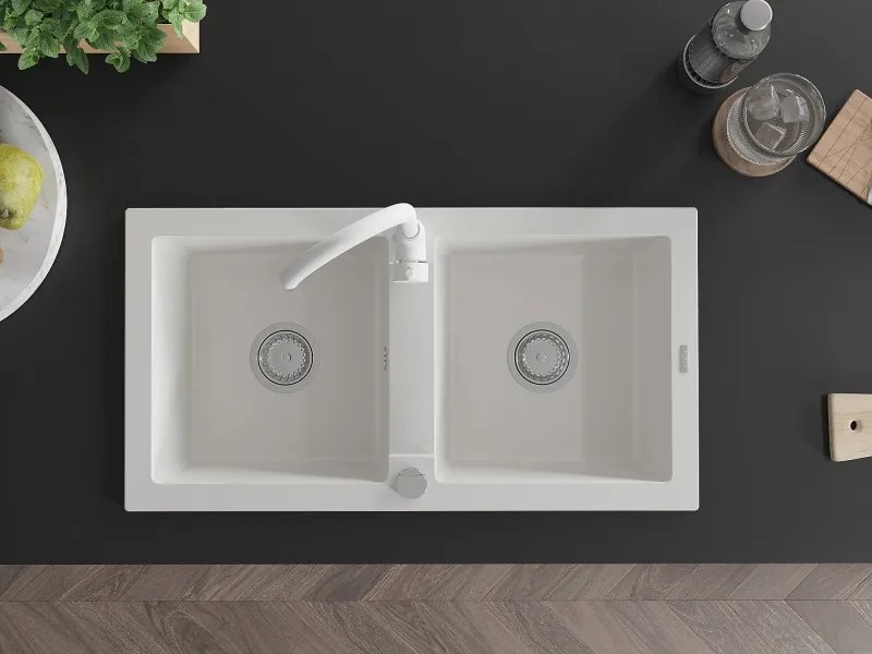 Mexen Mario lava-louça de granito de 2 cubas com torneira de cozinha Telma, branco - 6504-20-670200-20