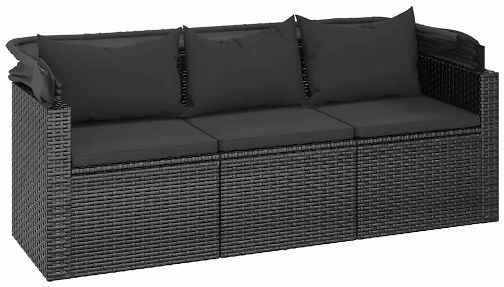 Sofá de jardim de 3 lugares c/ teto/apoio de pés vime PE preto