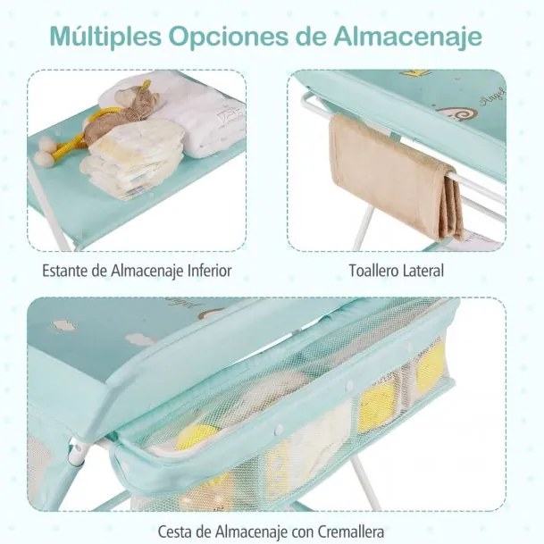 Mesa Trocador fraldas para Bebés Portátil e Dobrável Altura Ajustável 3 Níveis Organizador Móvel com Cesto Prateleira Rodas e Travão turquesa