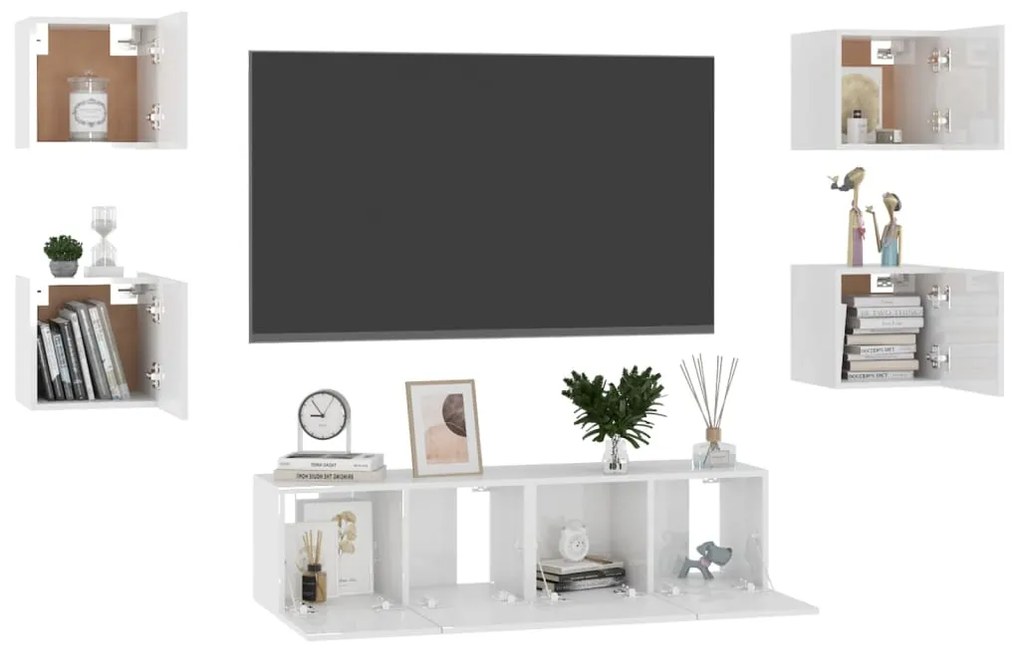 6 pcs conjunto de móveis de TV contraplacado branco brilhante