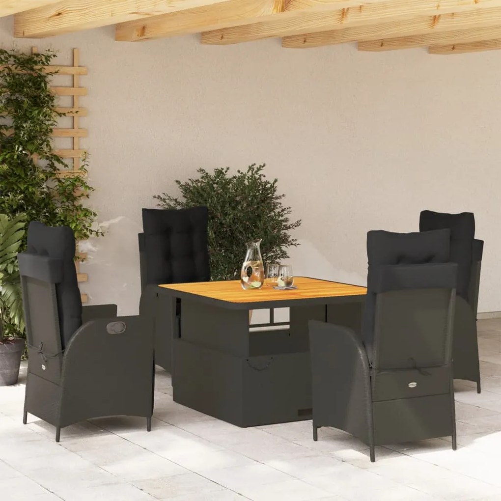 vidaXL 5 pcs conjunto de jantar p/ jardim c/ almofadões vime PE preto
