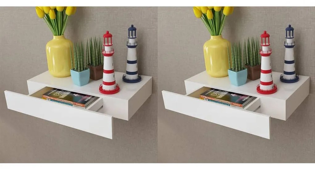 276001 vidaXL Prateleiras de parede suspensas com gavetas 2 pcs branco 48 cm