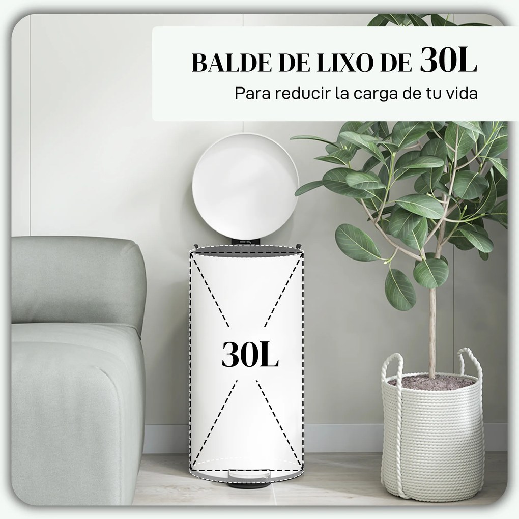 Balde de Lixo para Cozinha 30L com Pedal Tampa com Fechamento Suave e Cubo Amovível 36x30x63,5 cm Creme