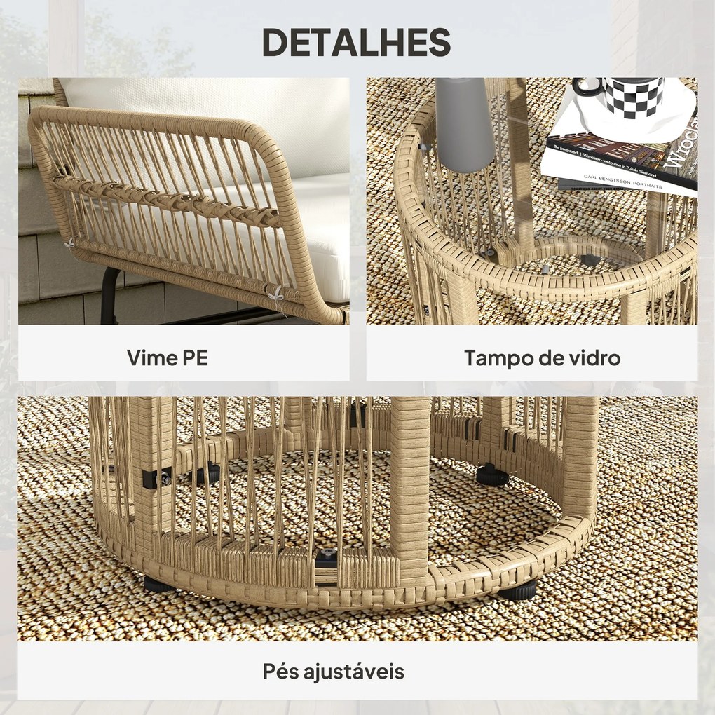 Conjunto de Móveis de Jardim Exterior em Ratã com Sofá de 2 Lugares Chaise Longue Almofadas e Mesa Creme