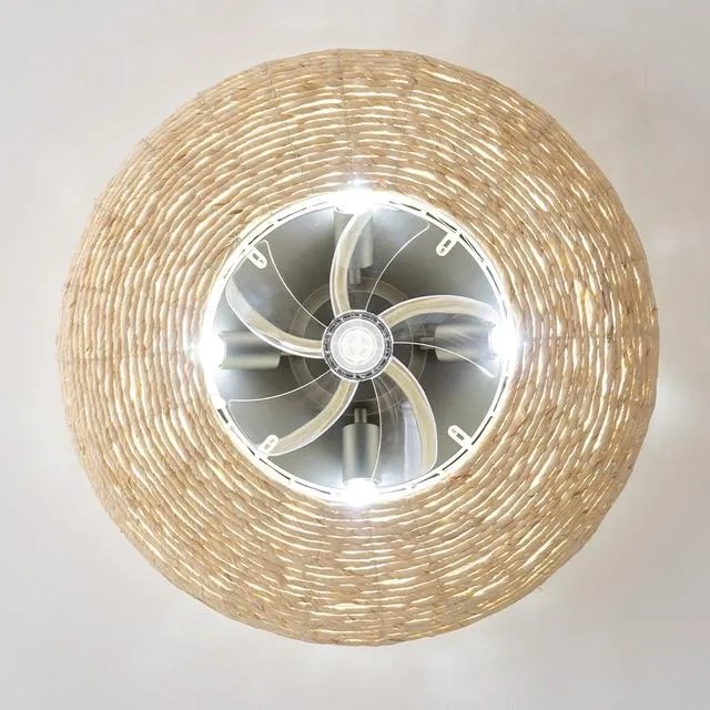 Ventoinha de teto EnergySilence LampAero 600 Natur Wicker de design com motor DC, com uma potência de 20 W e lâmpada integrada, com 5 pás de 11 poleg