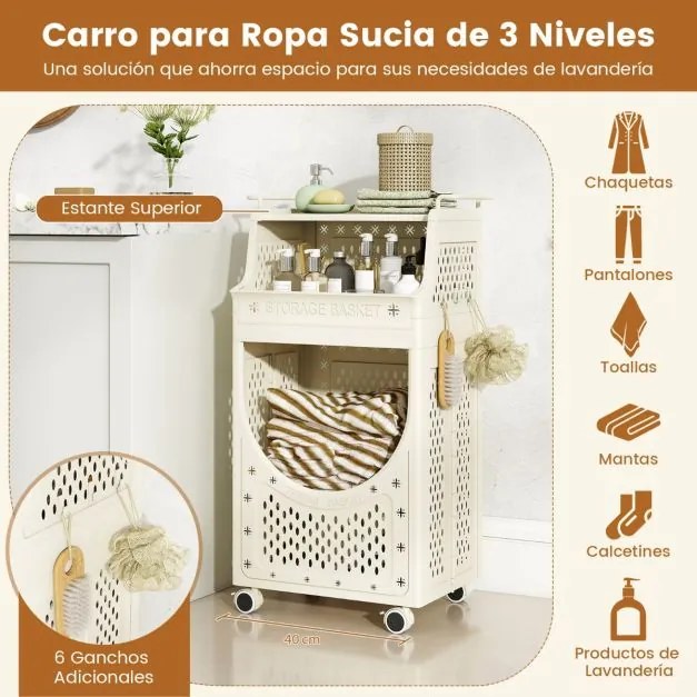 Carro para roupa suja 40 x 30 x 78 cm com 3 níveis dobrável com rodas bloqueáveis 6 ganchos para pendurar bege