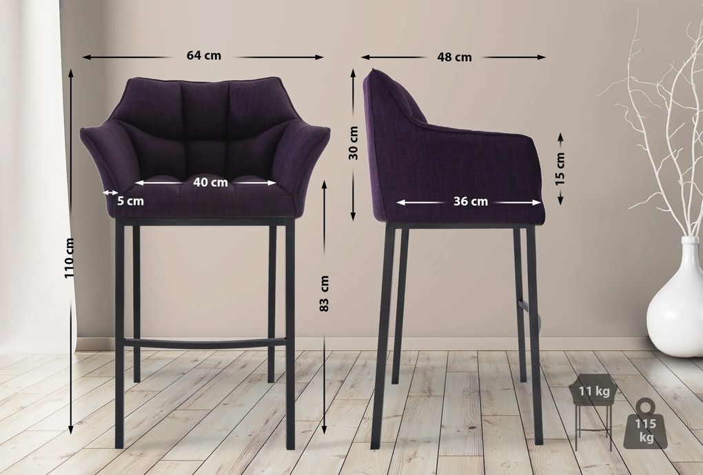 Banco de bar Damaso em tecido e com estrutura preta 64 x 110 x 48 cm Roxo