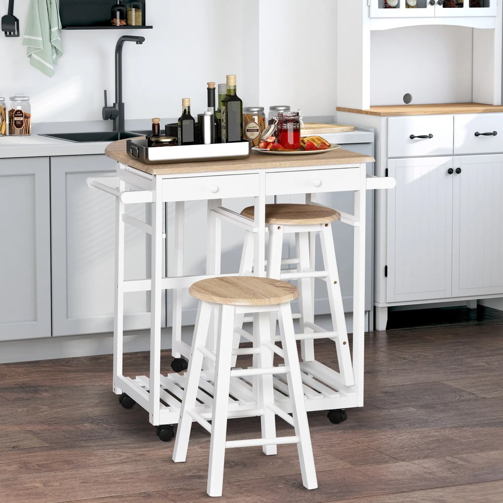 Conjunto de Mesa de Bar Dobrável com 2 Bancos, 83 x 74 x 83 cm, Com Rodas, Branco e Carvalho Claro