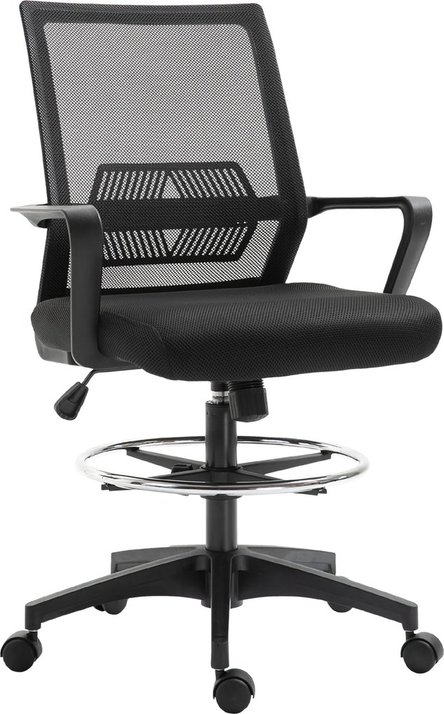 Cadeira de escritório com assento alto ajustável, 64 x 59 x 104-124 cm, banco giratório de escritório com rotação de 360°, malha respirável preta