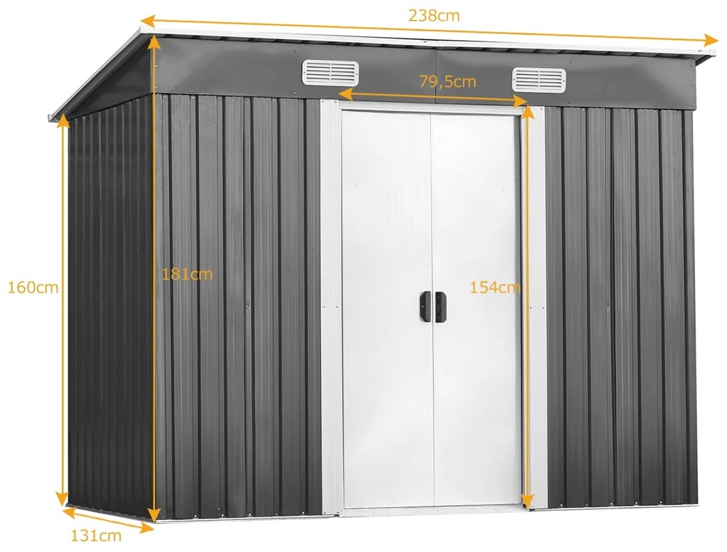 Abrigo de metal para jardim exterior com 2 portas 238 x 131 x 181 cm Cinzento