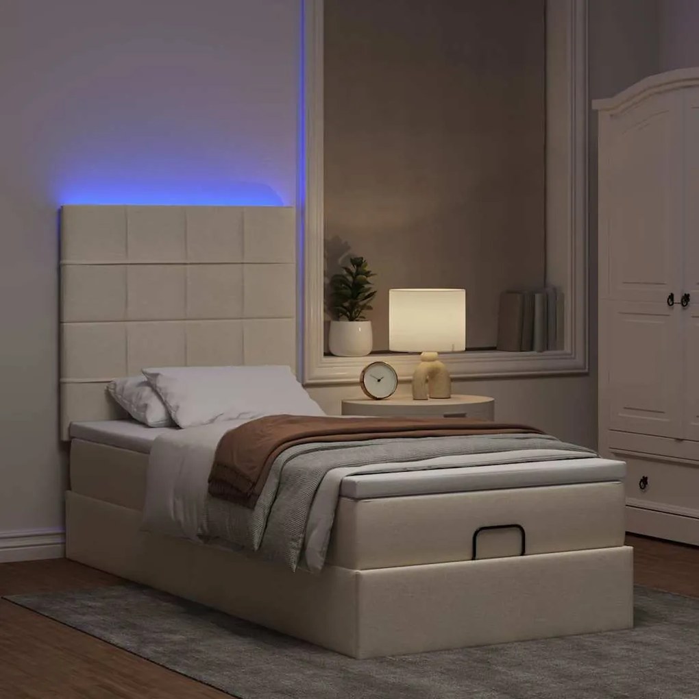 Cama Otomana com colchão &amp; LEDs 90x200 cm tecido creme