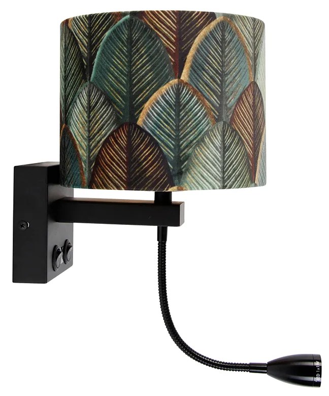 Candeeiro de Parede Preto com Abajur de Veludo, Design Folha e Interior Dourado - Brescia Combi