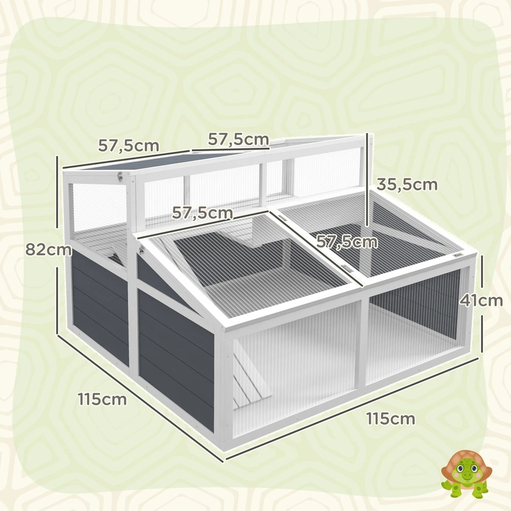 Recinto para pequenos animais com 2 compartimentos, teto em policarbonato, 3 portas e rampa – 115 x 115 x 82 cm – cinzento
