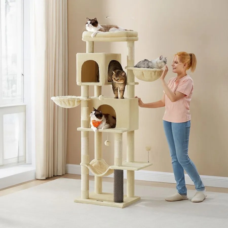 Arranhador Gatos com 175 cm de altura XL com 2 grutas bege areia