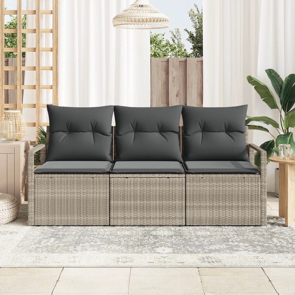Conjunto de Sofás de Jardim de 3 Peças com Almofadas Cinza Claro Vime