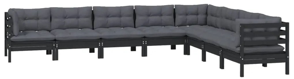 8 pcs conjunto lounge jardim c/ almofadões pinho maciço preto