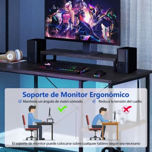 Secretária 145 x 145 x 147 cm em forma de L convertível com tomadas e portas USB e iluminação inteligente cinzento