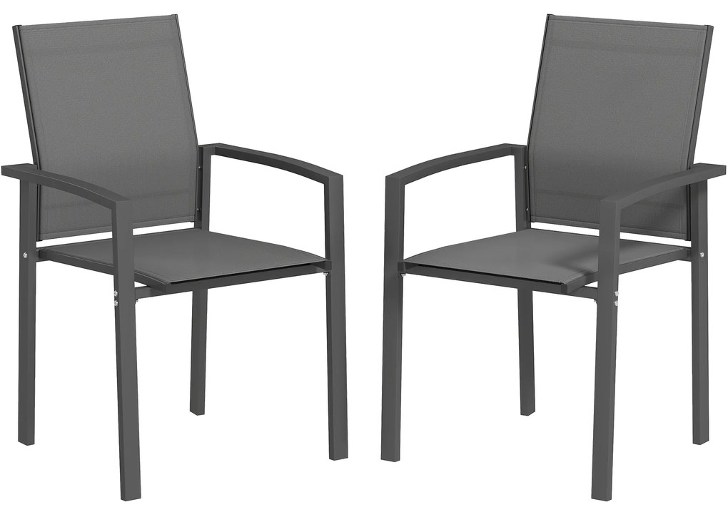 Outsunny Conjunto de 2 Cadeiras de Jardim Empilháveis com Tecido Transpirável e Estrutura em Aço 56x58x89 cm Cinzento Escuro | Aosom Portugal
