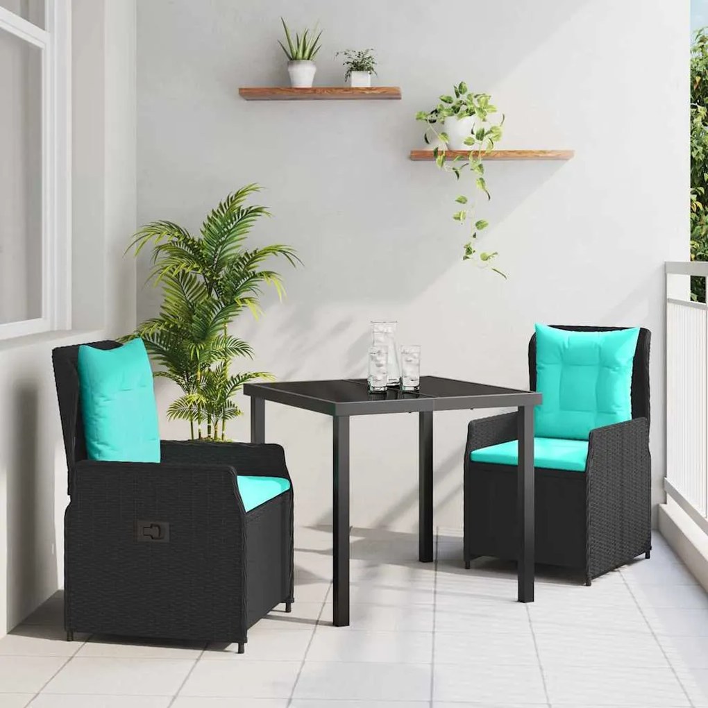 vidaXL Conjunto de Jantar para Jardim 3 pcs Preto Rattan Sintético