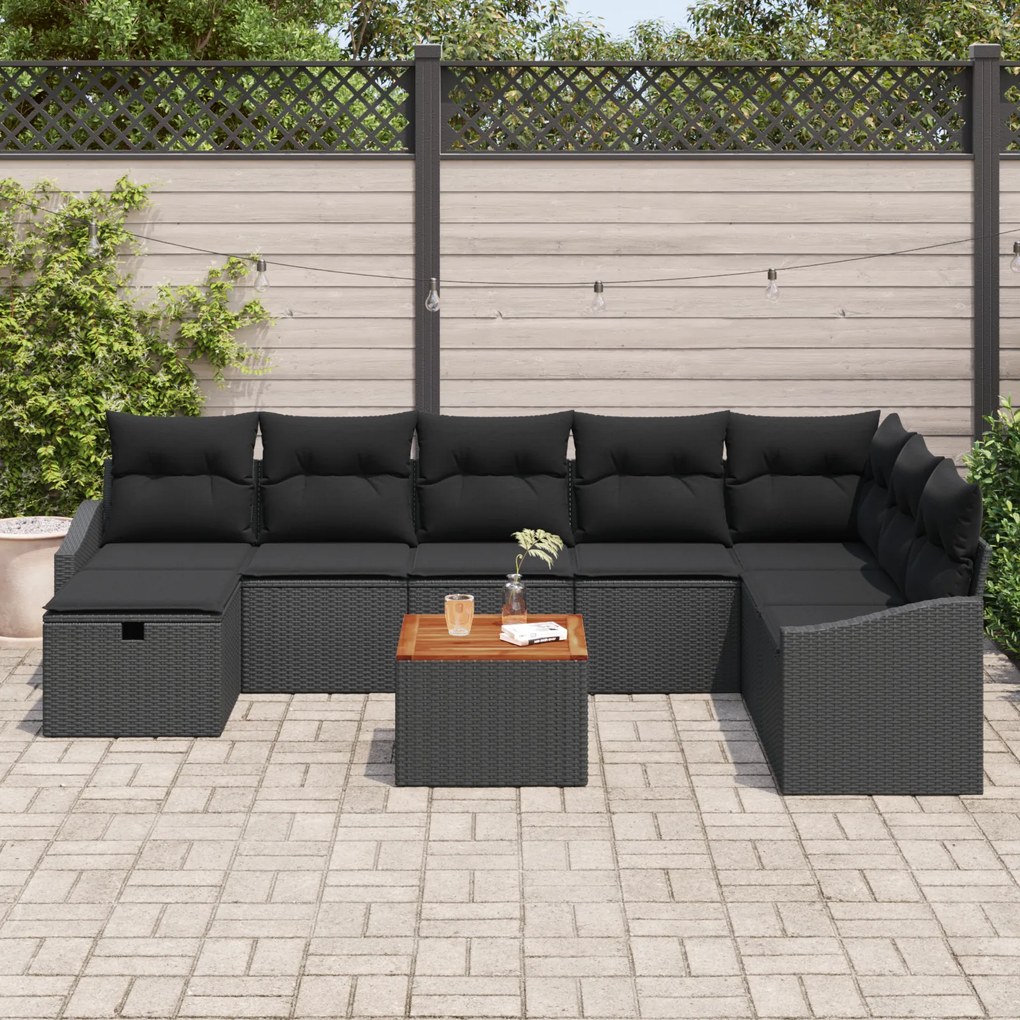 Conjunto de Sofá de Jardim de 9 Peças com Almofadas Preto em Rattan Si
