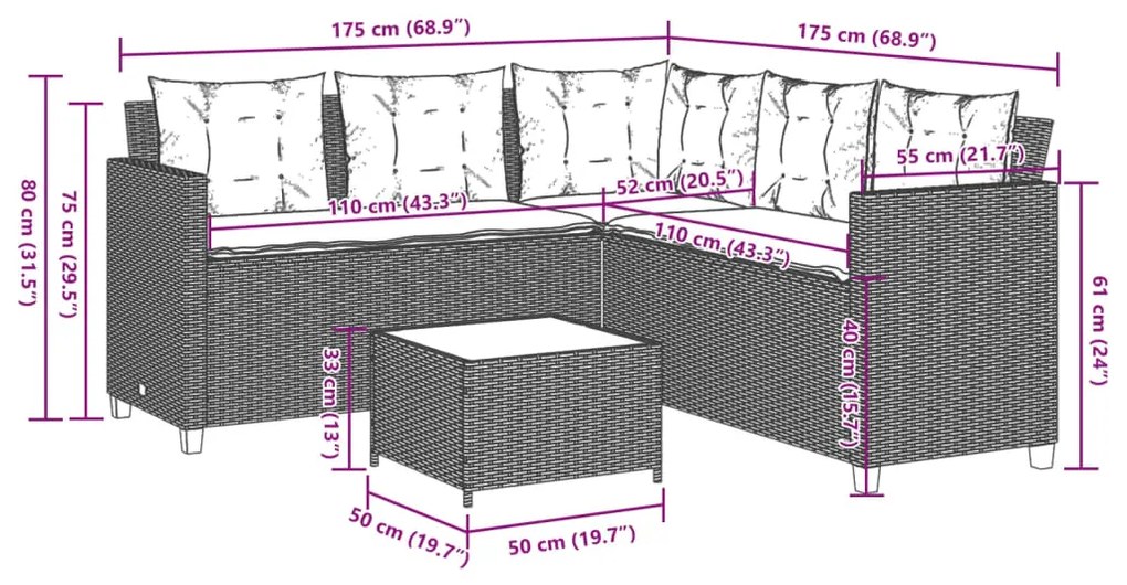 Sofá de jardim forma de L c/ mesa e almofadões vime PE cinzento
