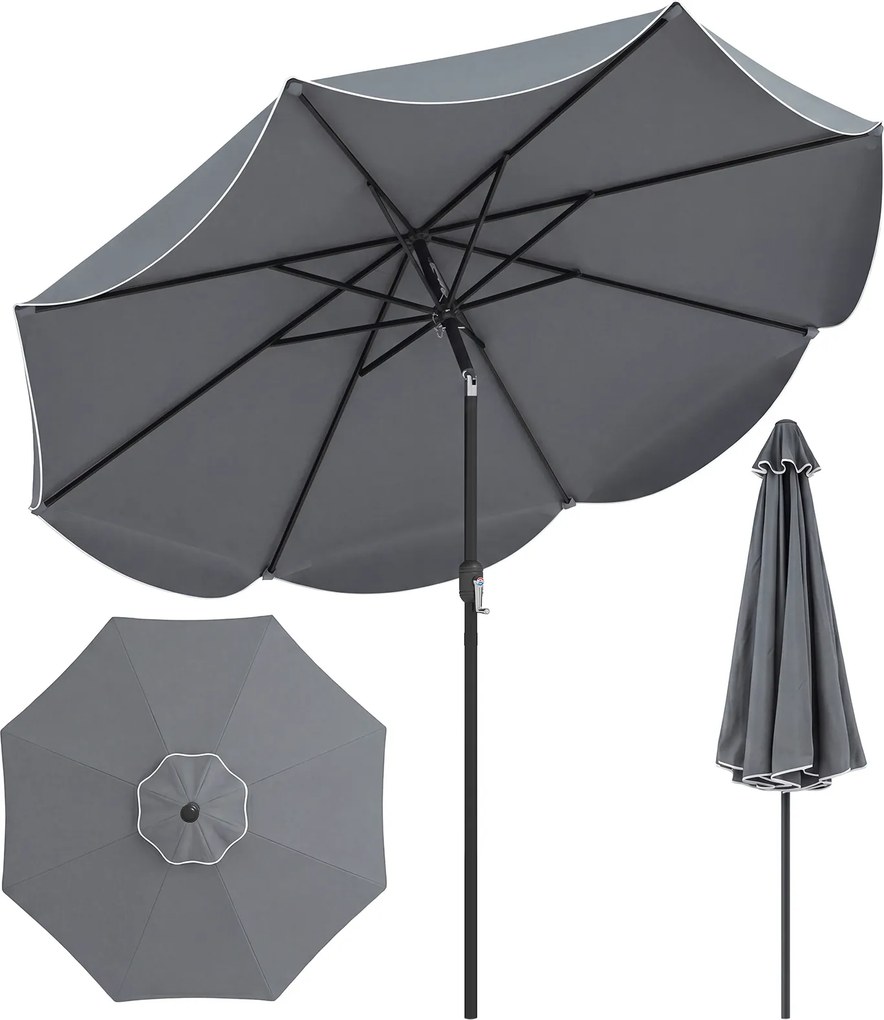Guarda-sol de 270 cm para terraço exterior com inclinação bidirecional de 30° (BASE NÃO INCLUIDA), 8 varas metálicas, manivela e volantes decorativos