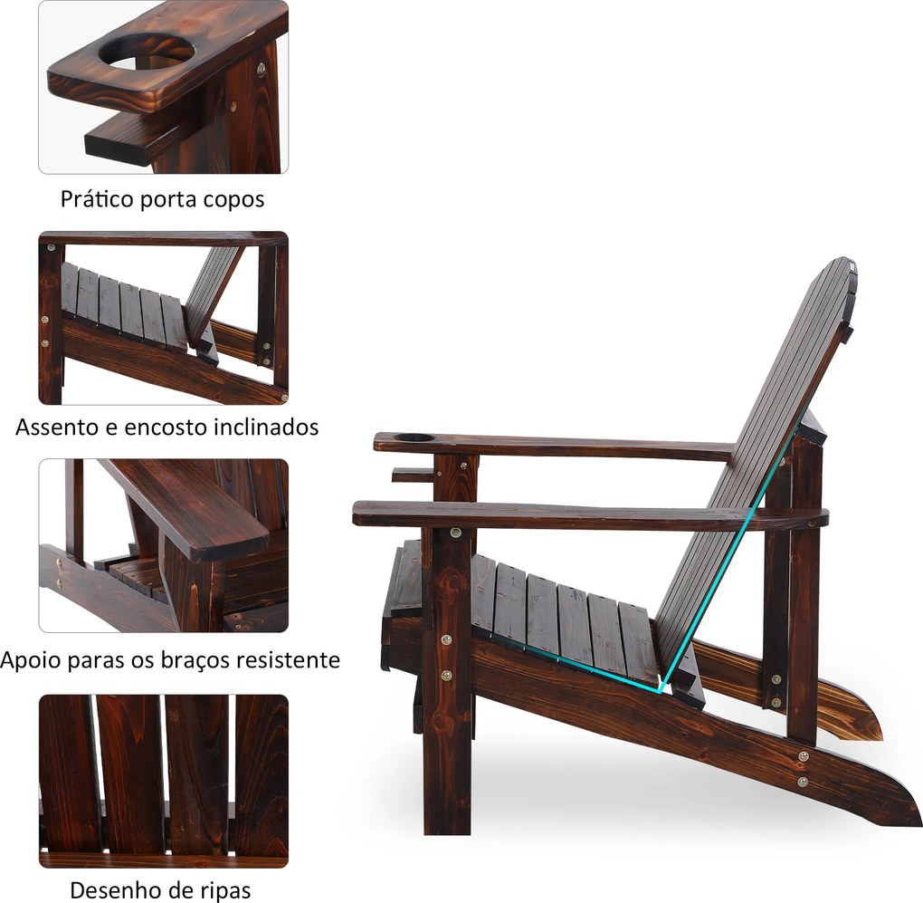 Cadeira Jardim Adirondack de Madeira com Apoio para os Braços Encosto Alto para Terraço Balcão Exterior 72,5x97x96cm Castanho
