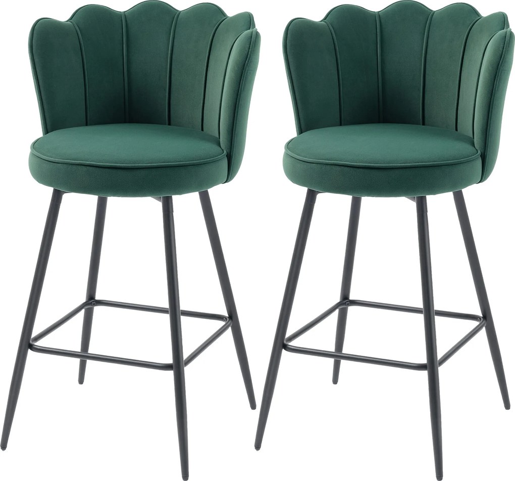 Conjunto de 2 bancos de bar, cadeiras de bar com encosto e apoio para os pés, pés em aço, 54 x 55 x 97 cm, verde escuro