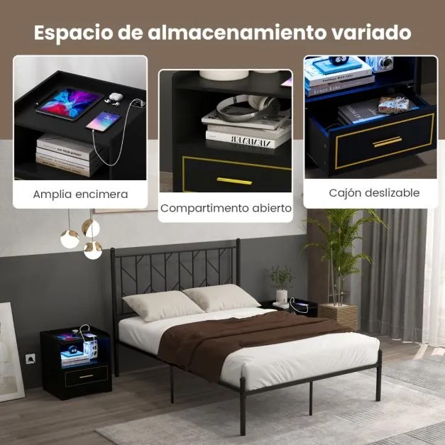 Mesa de cabeceira LED com Estante Gaveta Porta USB 3 Cores de Luz e Iluminação Ajustável para Quarto 45 x 40 x 50 cm Preto