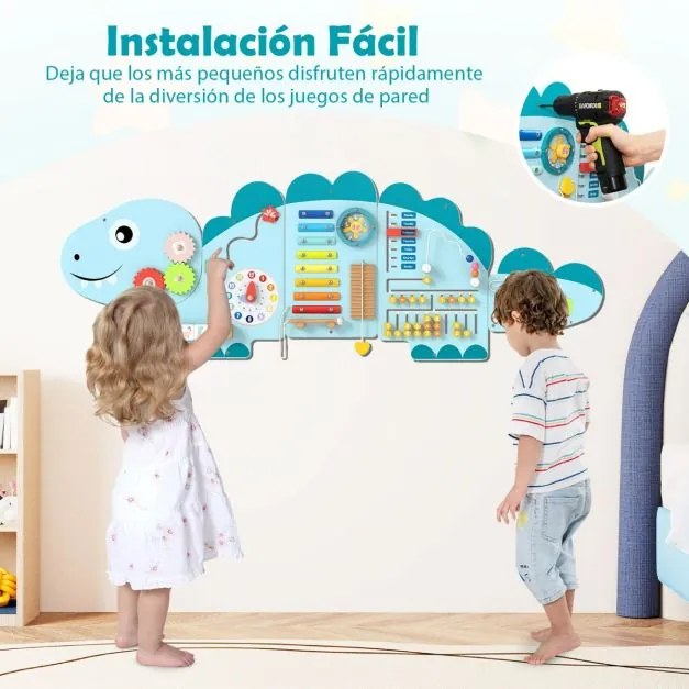 Painel de atividades para crianças Quadro sensorial Montessori de madeira 11 em 1 para a educação e o desenvolvimento precoce Azul