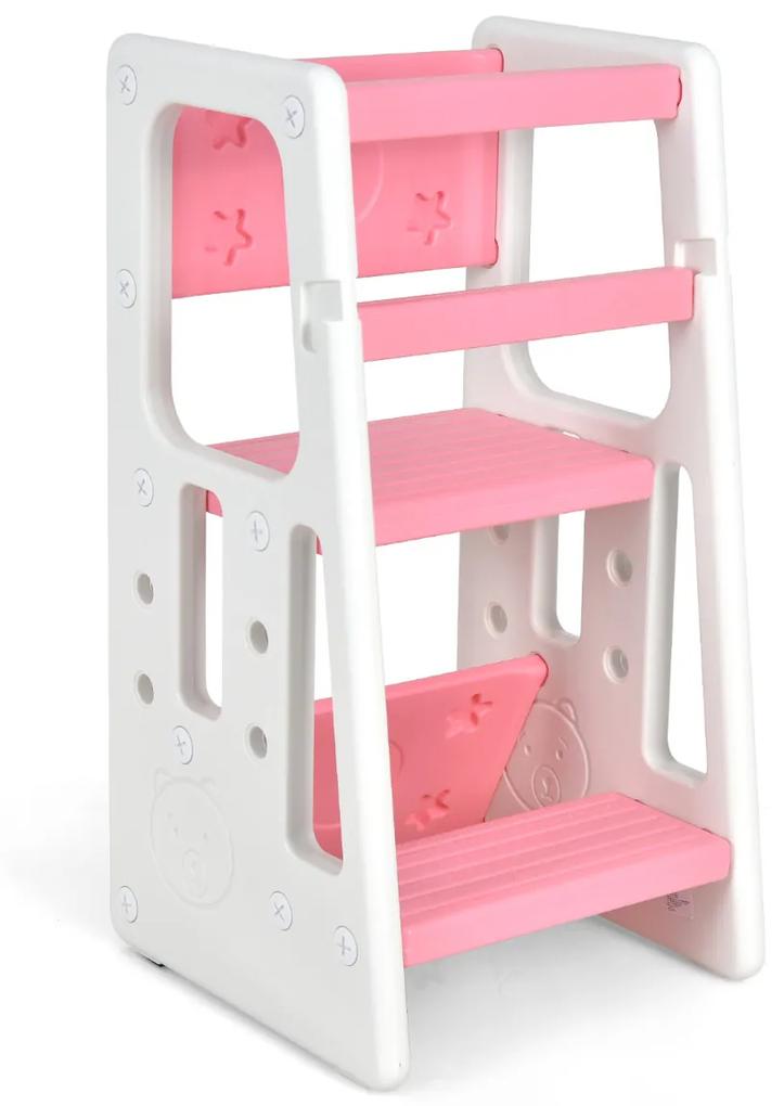Torre de aprendizagem escada para crianças com 3 alturas ajustáveis para crianças com dupla barreira de segurança rosa