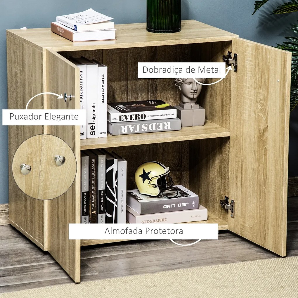 Aparador de Sala de Estar com 2 Portas Armário Auxiliar com 2 Prateleiras para de Livros Roupa Brinquedos Estilo Moderno 70x39x70cm Natural