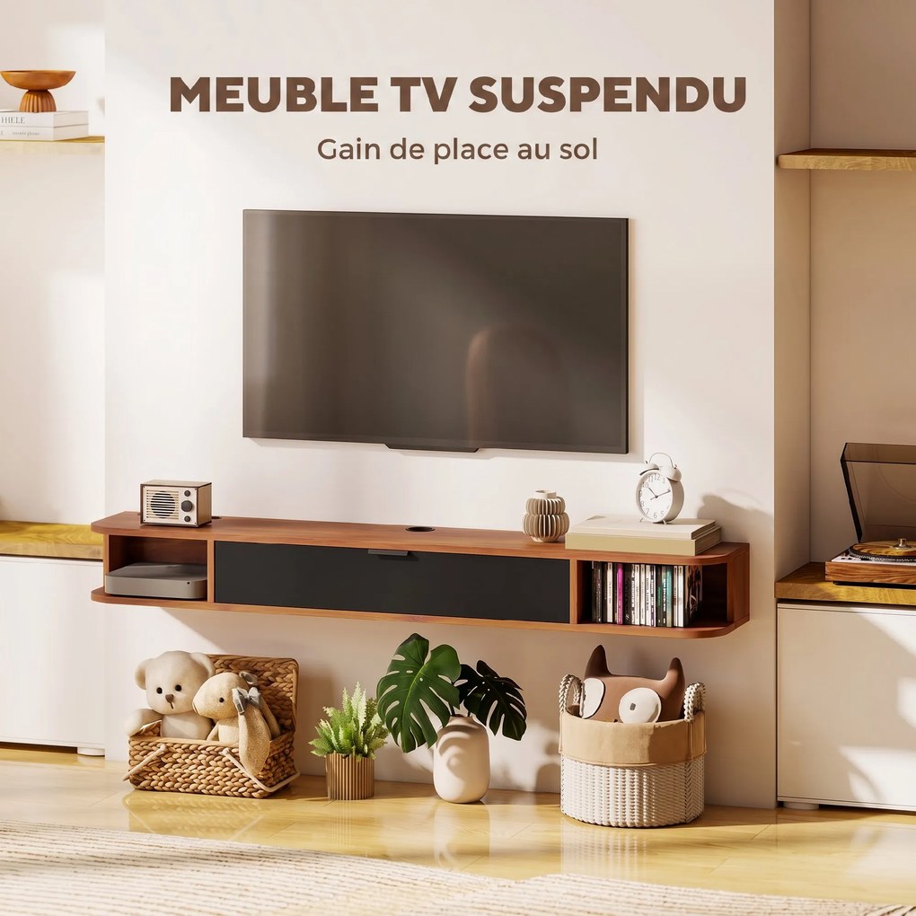 Móvel TV Suspenso, 140 x 24 x 16 cm, Montagem de Parede, Cor Nogueira