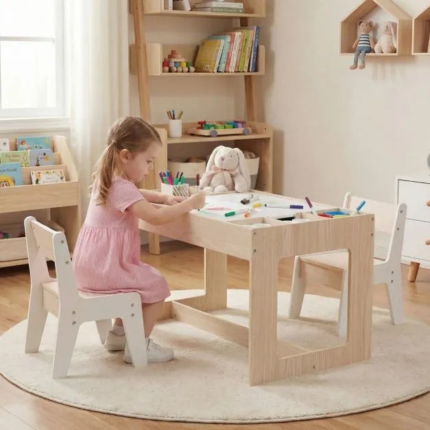 Conjunto Mesa multifuncional infantil com 2 cadeiras e tampo duplo com quadro negro e compartimentos removíveis natural e branco