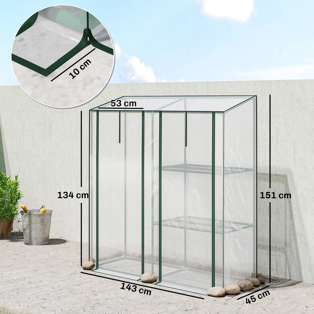 Estufa de jardim com prateleiras de 3 níveis 143 L x 45 P x 151 A cm, pequena estufa em lona de PVC e estrutura de aço, 2 portas de rodas, transparent
