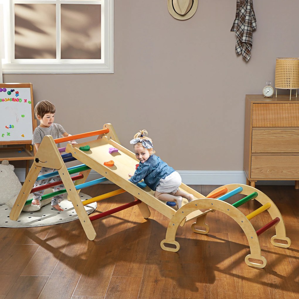 Triângulo de Escalada de Madeira 5 em 1 Escada para Crianças de 18-48 Meses com Rampa e Arco de Escalada 178x64,5x63 cm Multicor