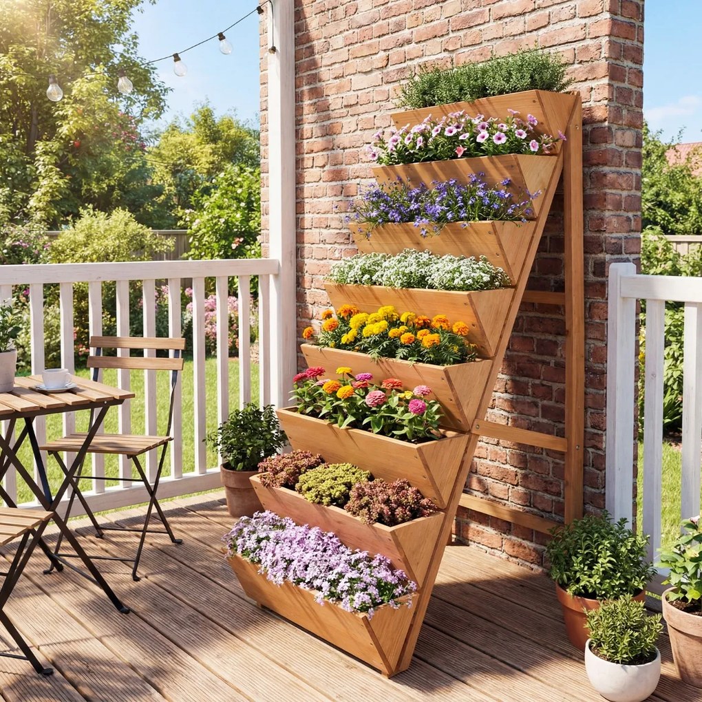 Floreira vertical 101 x 60,5 x 150 cm em degraus de madeira de abeto com 8 vasos para ervas aromáticas, legumes e flores – terraço, varanda, madeira